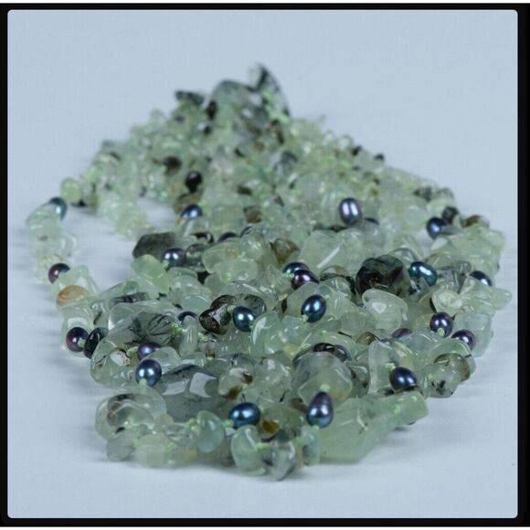 Six Strand Rutilated Green QUartz and Blue Tahitian Pearl Necklace - 20.75" - Picture 8 of 9